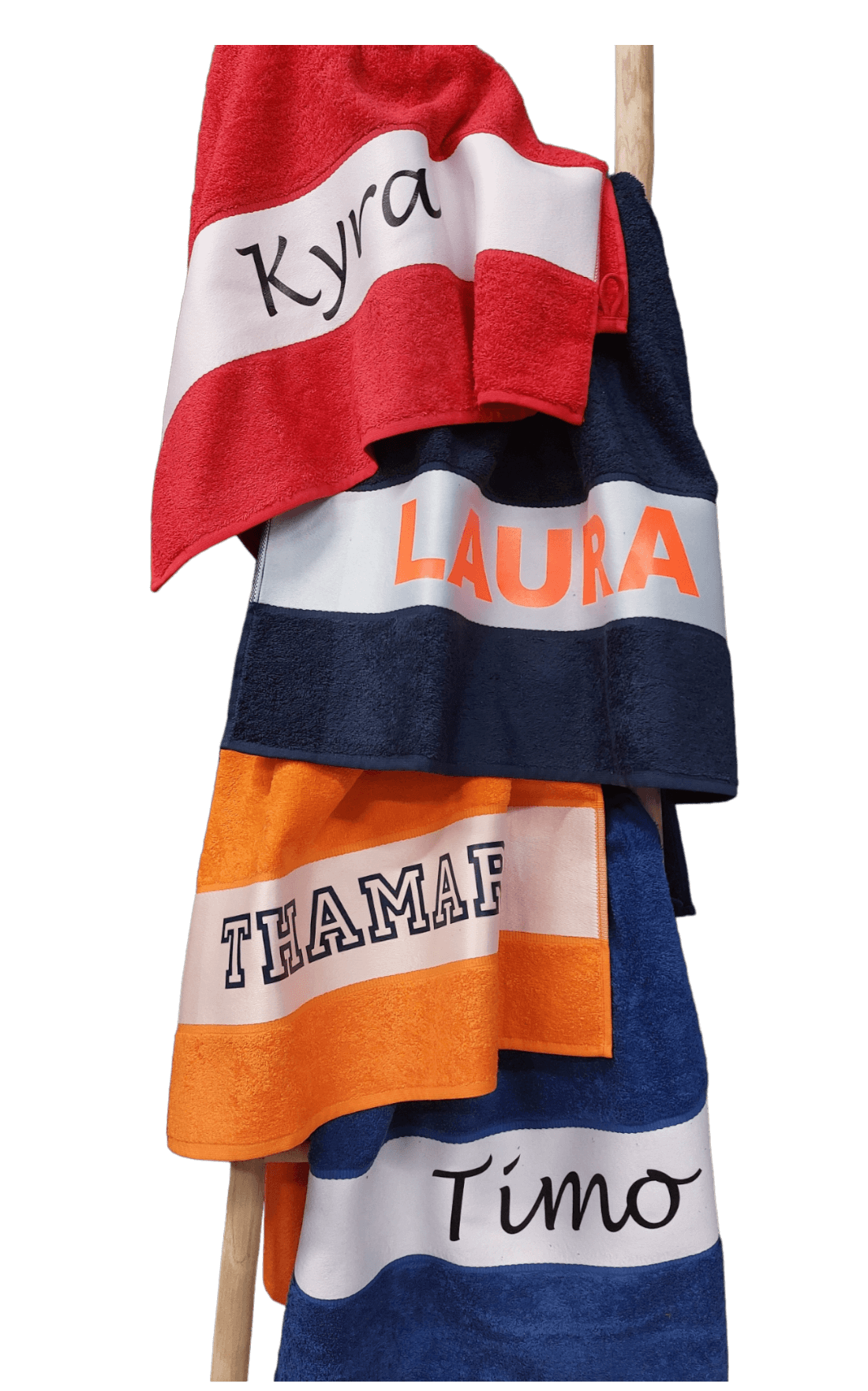Badlaken met bedrukking oranje, rood,donkerblauw, kobaltblauw