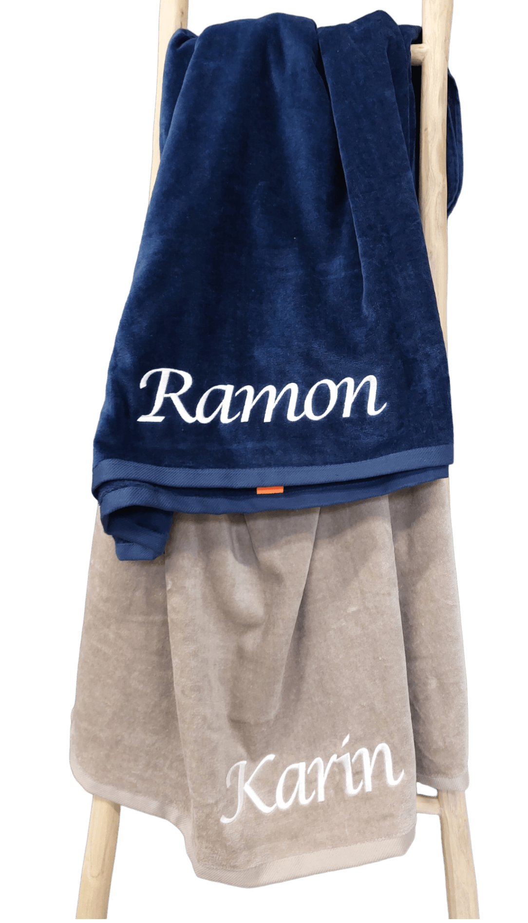 Velours strandlaken met borduring taupe en navy