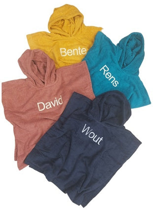 Badcape borduren petrol, koper, oker, donkerblauw