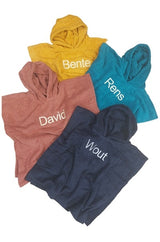 Badcape borduren petrol, koper, oker, donkerblauw