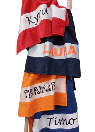 Badlaken met bedrukking oranje, rood,donkerblauw, kobaltblauw