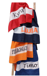 Badlaken met bedrukking oranje, rood,donkerblauw, kobaltblauw