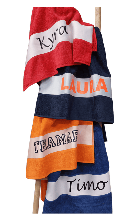 Badlaken met bedrukking oranje, rood,donkerblauw, kobaltblauw