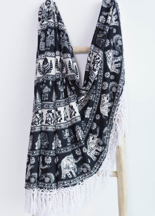 Ronde handdoek BLACK WHITE, WHITE FRINGE