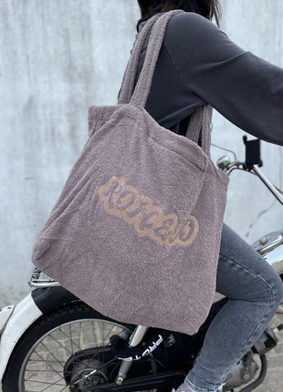Strandtas taupe met naam